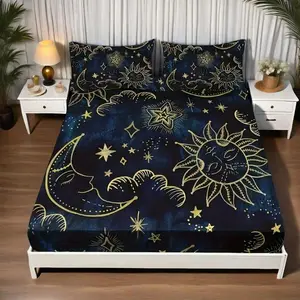 Star & Moon Print Bedding Set, 3 Counts/set Including 1 Count Fitted Sheet & 2 Counts Pillowcase without Filler, Soft Comfortable Bedding Set for Home Bedroom, Bed Sheets Set