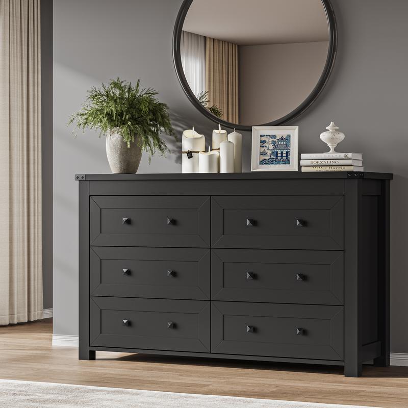 White Dresser 6 Drawer Dresser for Bedroom, Modern Wood Chest of Drawers with Metal Handles, TV Stand and Storage Cabinet for Living Room, Hallway, Nursery, Closet