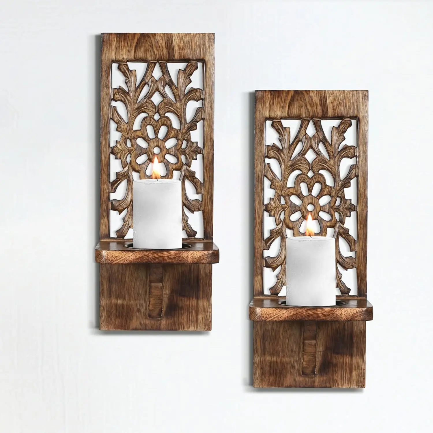 Wall Mounted Candle Sconces Set of 2 Decorative Hand-Carved Wooden Candle Holders Farmhouse Style Perfect for Living Room Bedroom & Kitchen Wall Décor 16 Inch Burnt Antique