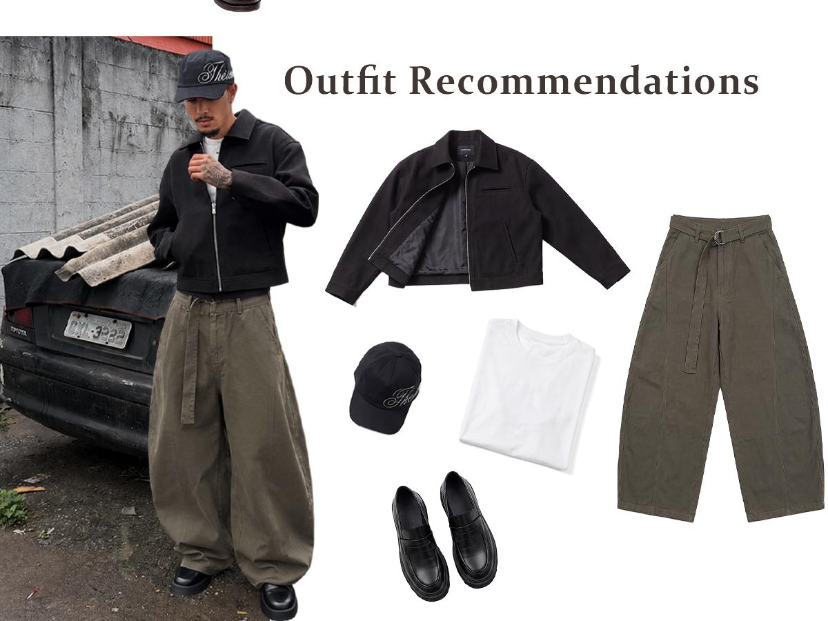 Men’s Vintage 100% Cotton Wide-Leg Pants, Relaxed Baggy Fit with Curved Seam Detail and Adjustable Belt, Retro Streetwear Trousers