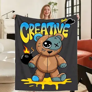 Creative Teddy Bear with Flames Yellow Puddle Flannel Blanket Soft Polyester Retro Style All Season Cozy Throw for Bed Sofa Car Unique Cartoon Design Bold Lettering Playful Explosion Pattern Bedspread