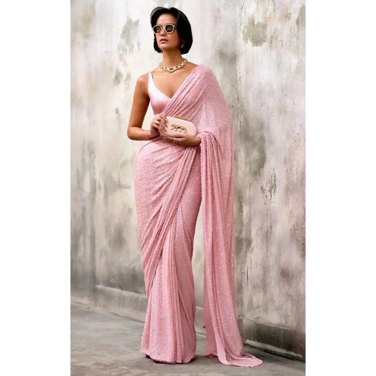 Women's Premium Quality Guaranteed Plain Silk Bollywood-Inspired Heavy Sequins Embroidery Saree with Cutwork Lace Border - Wedding, Reception, Cocktail-Party Wear, Festive Wear, Soft Drape, Bollywood Designer Saree, Pastel Shades, Unstitched Silk Blouse