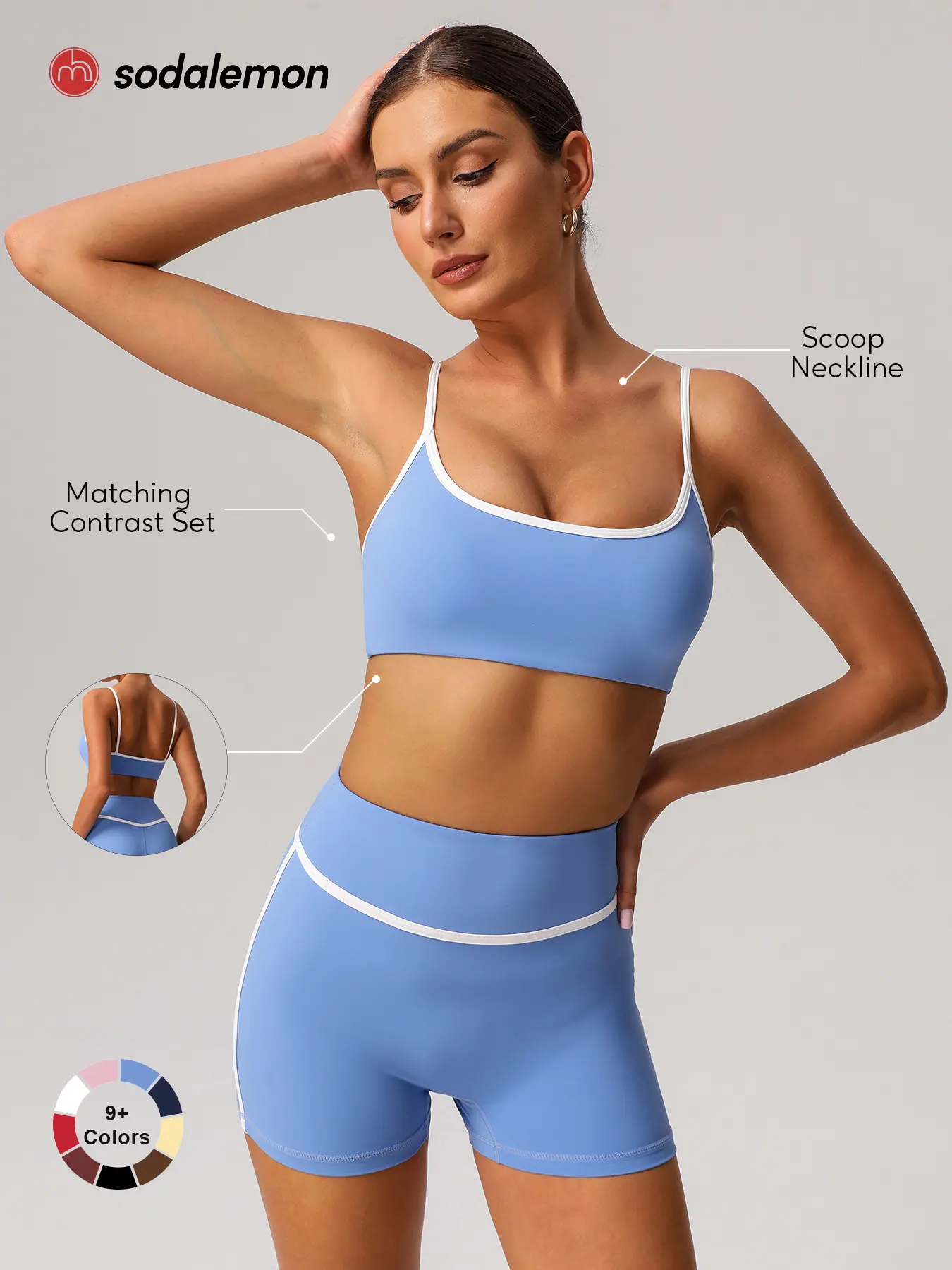 Sodalemon Women's Slim-Fitting 2-Pieces Contrast Trim Scoop Neck Sports Bra & High-Waisted Above Knee Biker Shorts Set, Female Wear Universal Sport Yoga Activewear for Outdoor Pilates