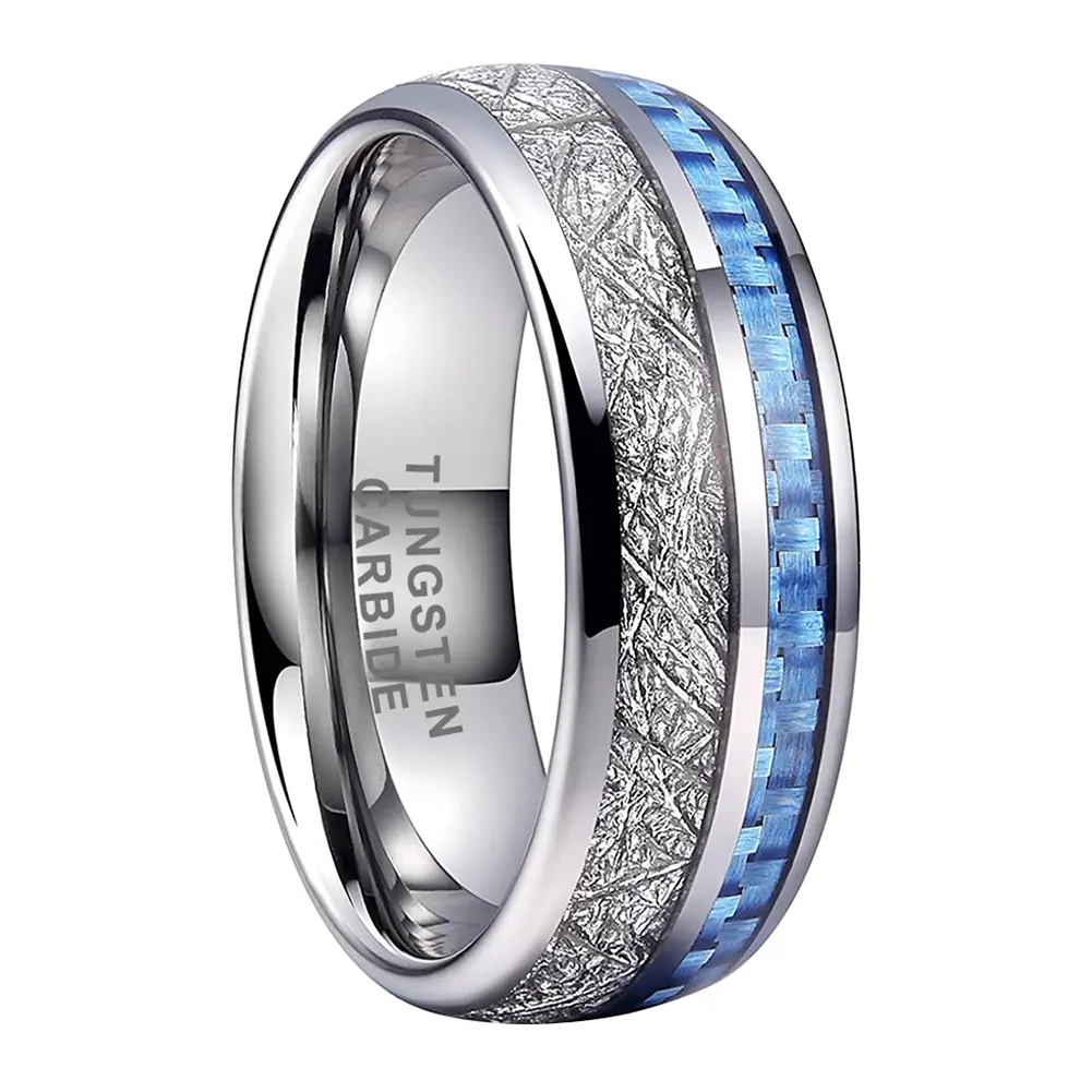 Men's 8mm Tungsten Ring with Meteorite and Blue Carbon Fiber Inlay, Comfort Fit Scratch Resistant Fashion Jewelry for Proposal or Wedding Ceremony, Proposal Ring, Fashion Rings