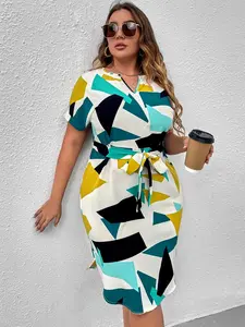 Plus Size Geometric Print Notched Neck Belted Split Shirt Dress, Elegant Short Sleeve High Waist A Line Dress, Summer Clothes Women, Summer Clothing, Womenswear, Casual Classy Dress, Casual Elegance Style