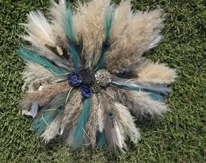 Boho Pampas Grass Wall Hanging with Wood Flowers Rustic Afeather and Dried Flower Decor Natural Wreath Alternative for Home Decor