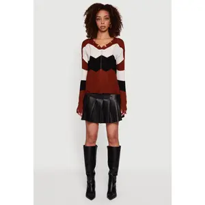 Color Block Chevron Frayed Pointelle Sweater