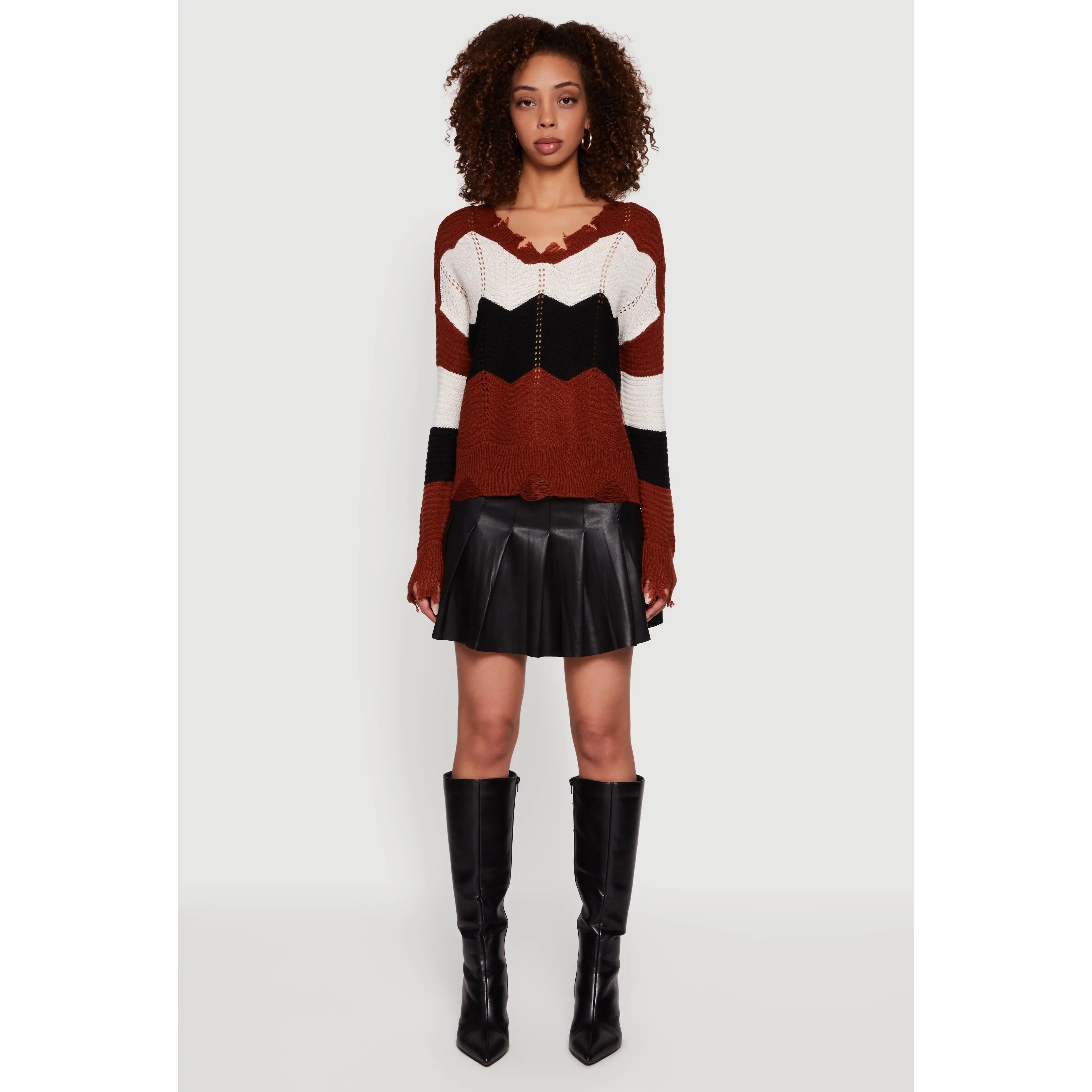 Color Block Chevron Frayed Pointelle Sweater