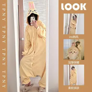 Anime Usagi Hachiware Cute Usach Hooded Coral Fleece Pajamas New Winter Styles for Women One-Piece Jumpsuit Home Wear Nightgown
