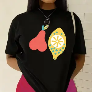 Color Block Pear Lemon Fruit Print T-shirt Summer Fresh Fun Casual Top