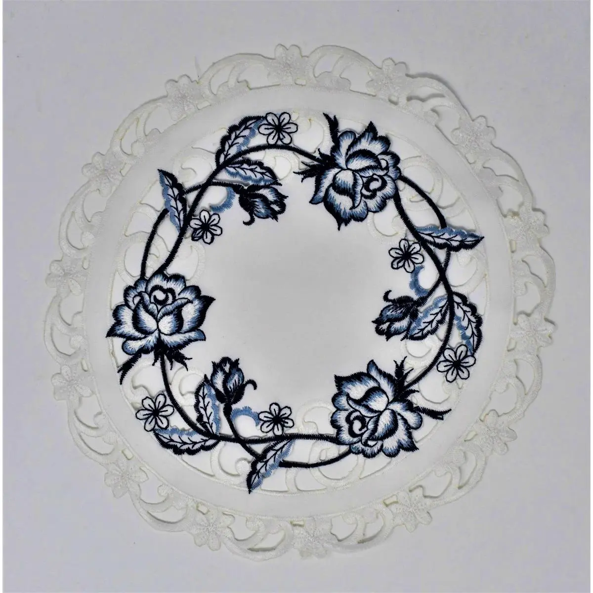212 MAIN 8 in. Round Floral Doily Set - 100% Polyester, Durable Blue Rose Motif, Machine Washable, for Kitchen Tableware