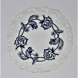 Sinobrite  8 in. Blue Rose on White Fabric Doily