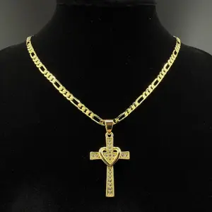 D'Luxe Essentials 14k Gold Copper Inlaid Zirconia Embossed 3D Heart & Cross Pendant Necklace for Elegant Occasions