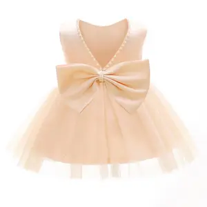 Baby Girls Wedding Baby Flower Girl Dress Pearls Tulle Dress Bowknot V Back Gown Pageant Party Birthday Formal Princess Dresses Infant Frocks