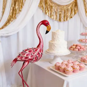 Large metal flamingo statue - pink with orange beak, for outdoor tropical garden decoration, suitable for garden lawns