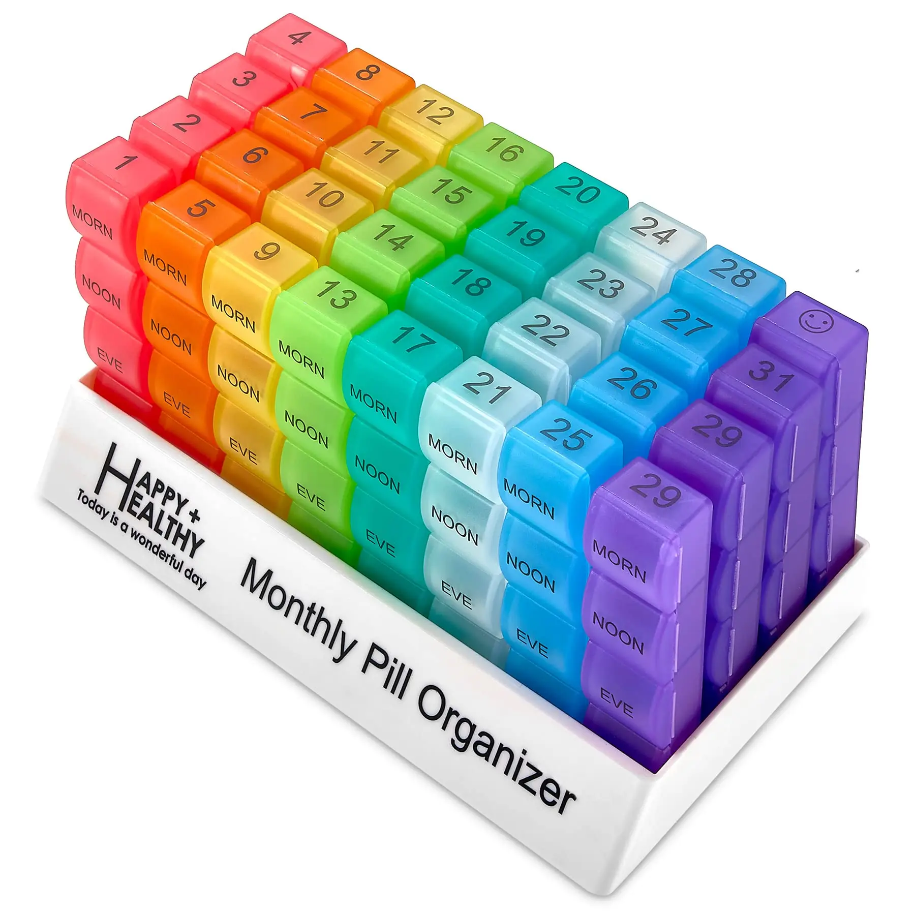 Monthly Organizer Box – 32 Rainbow Compartments, 4 Times-a-Day Removable Daily Storage | Color-Coded Travel Organizer for Small Items, Supplements & Routines