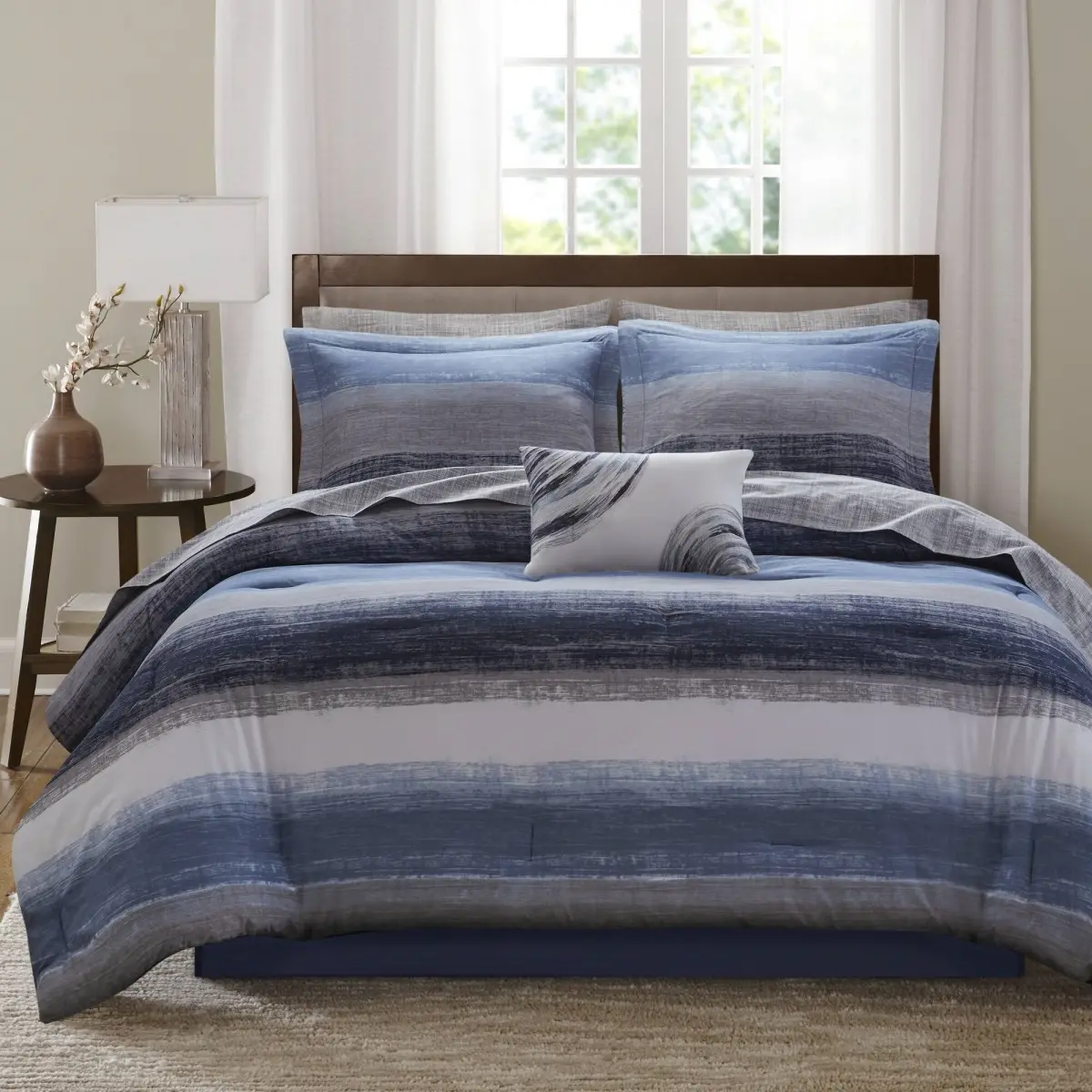 King Size 9-Piece Anti-Bacterial Watercolor Stripe Casual Bedding Set with 360 Stand, Cotton Bedsheet Sets, Navy - Modern Vibe Linens Collection, Bedding Sets