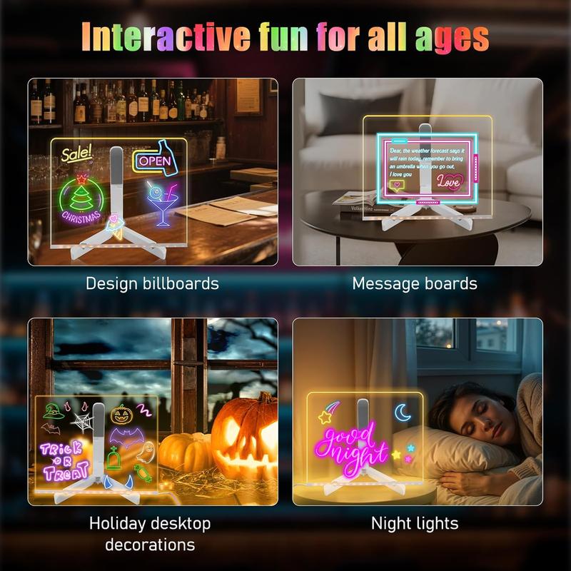 LED Note Board, Drawing board with Led Light, Drawing board, Clear Light up Dry Erase Board with Stand Glow Memo LED Letter Rewritable Message Board with 7 Color Markers