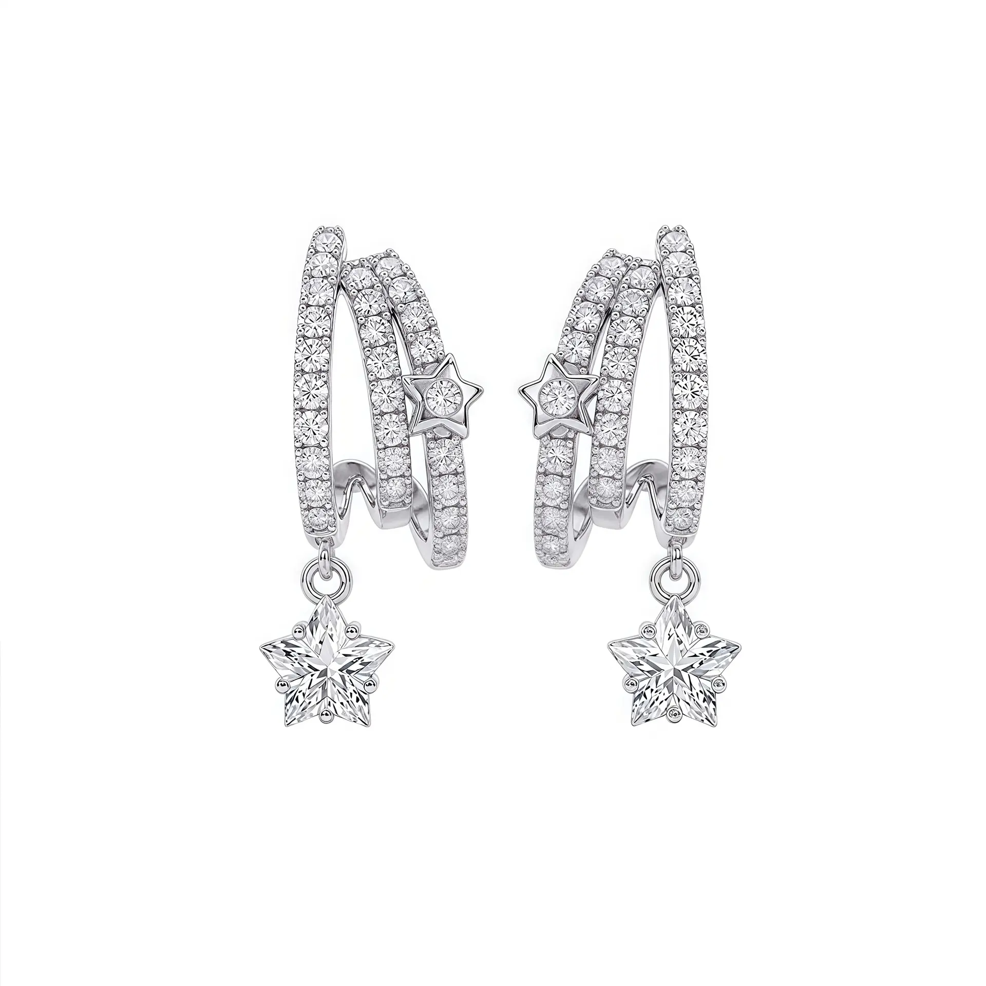 Silver Star Drop Hoop Earrings | CZ Huggie Earrings for Women | Dainty Dangle Earrings