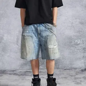 Men's 100% Cotton Carpenter Denim Shorts, Light Wash Distressed Jean Shorts with Patch Pockets & Frayed Hem, Casual Streetwear Jorts