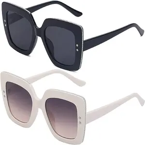Simplistic Elegance Square Crystal Shiny Sunglasses for Women | Black Frame with Diamond Crystals around the Edge of the Sunglasses & Black Lenses | Sunglasses for Parties & Driving - Black