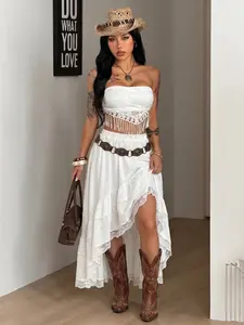 Versatile Asymmetrical Lace Skirt - Sexy Outfit, Wrinkle Resistant for Beach & Hangout Women's Boho Style Lace Patchwork Asymmetrical Hem Skirt, Western Cowgirl Festival Vacation Dress, Fashionable Slim Fit Short Skirt