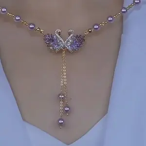Shiny's new purple swan tassel bead necklace for women,DDXL0021  high-end, light luxury, elegant, niche design necklace for women, 14K gold-plated