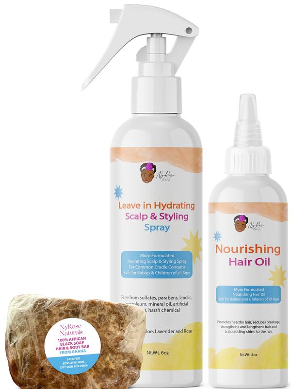 NyRose Naturals Complete Dry Hair & Scalp Solution - Natural Leave-In Hydrating Spray, Nourishing Hair Oil, & African Black Soap Bar for Cradle Cap & Post Partum Hair Loss