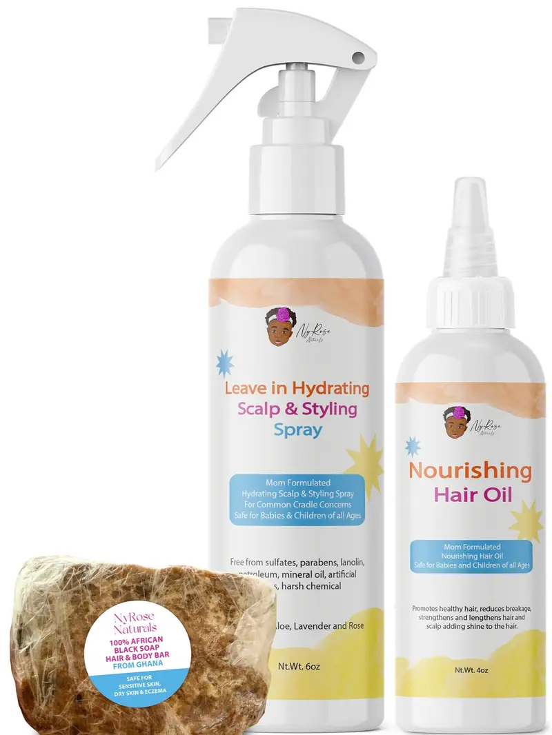 NyRose Naturals Complete Dry Hair & Scalp Solution - Natural Leave-In Hydrating Spray, Nourishing Hair Oil, & African Black Soap Bar for Cradle Cap & Post Partum Hair Loss