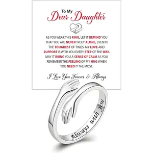 To My Daughter Hug Ring For Hope Rings, Inspirational Stainless Steel Engarved With Always With You Message Adjustable Ring for Women Non Tarnish Jewelry Gift for Her Birthday Christmas