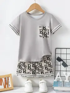 Boy's Letter Print Short Sleeve Tee & Shorts without Shoes, Casual Two-piece Set, Summer Outfits Clothes for Kids Clothing
