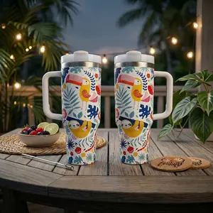 40 oz Tropical Jungle Sloth & Toucan Insulated Tumbler with Handle, Leakproof Stainless Steel Travel Mug, Cute Rainforest Animal Print Cup, Gift for Nature Lovers