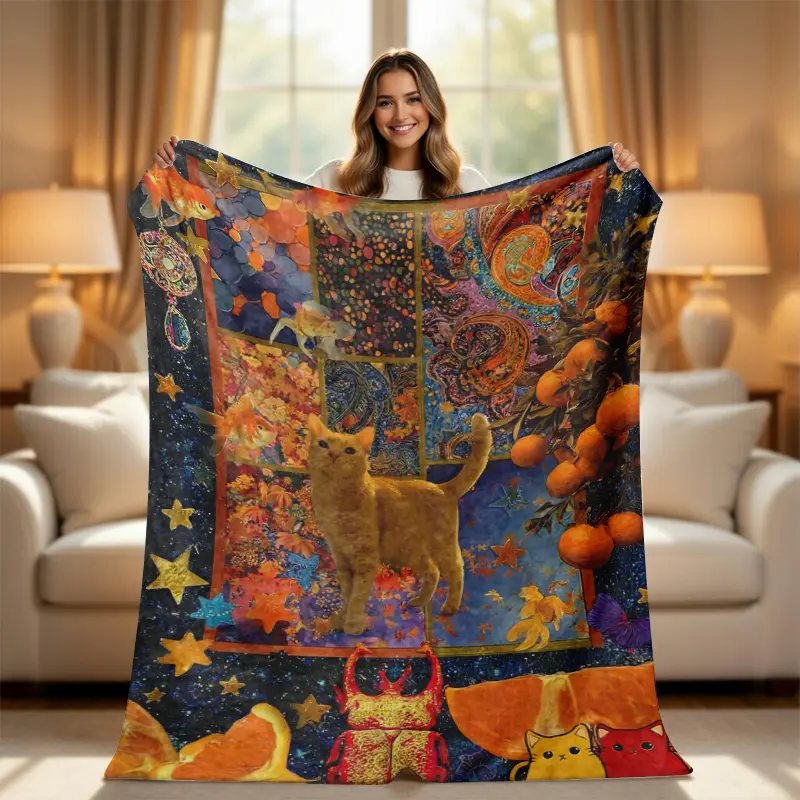 Dreamcore Surreal Cat Flannel Blanket - Animal Artwork, Celestial Blankets, Aesthetic Weirdcore Goldfish Throw, Vibrant Orange Cat & Starry Night Eclectic Maximalist Room Decor, Animal Artwork Blankets