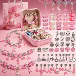 2026New Pink Handmade Jewelry Beading Kit 68Pcs Charm Bracelet Making Kit with Pink Jewelry Box Trendy Iridescent Chain Accessories for Women Valentines Art Craft Toy Gifts for Girlfriend Unique Design for Birthday Holiday Creative DIY