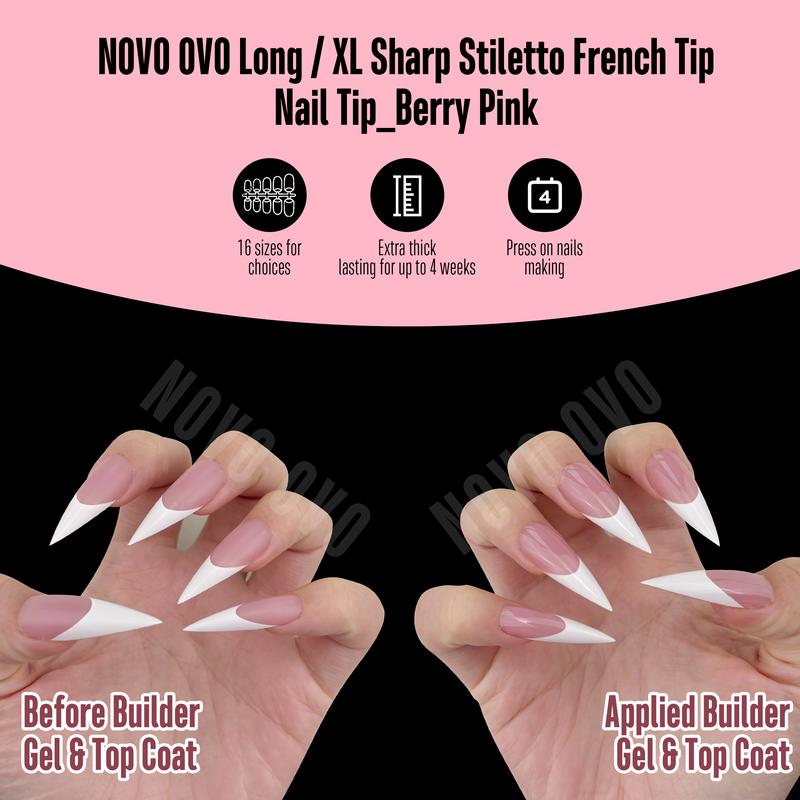 NOVO OVO White French Tip Long XL Sharp Stiletto Nail Tips Press on BERRY PINK,Soft Gel Double Matte Fake Nail Extension, Full Cover False Nails for Acrylic DIY x 16 Sizes 160 pcs【 NO GLUE TOP COAT AND LAMP INCLUDED】