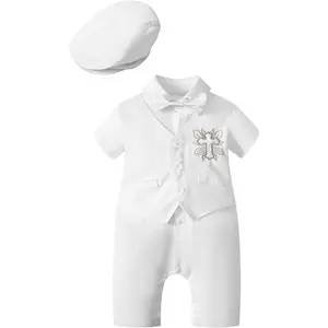 Newborn Baptism Gentleman Bowtie Romper White Wedding Christening Jumpsuit for Cake Smash