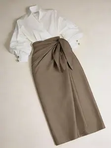Two piece high-end fashion shirt half skirt set, white V-neck shirt, khaki twisted half skirt for women, suitable for all seasons, suitable for vacation, indoor and outdoor wear, Womenswear