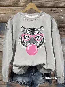 Women's Tiger & Bubble Gum Print Crew Neck Fit Sweatshirt, Casual Style Long Sleeve Pullover for Daily Wear, Ladies Clothes for Fall & Winter, Hoodie