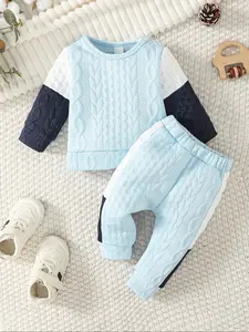 Baby Boys' Autumn Winter Knit Colorblock Long Sleeve Top and Pants Set, Casual Fitted Design, Fashionable Daily Wear, Baby Boy Clothes, Baby Clothing
