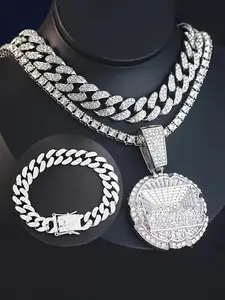 4pcs Stylish Exquisite Last Supper Pendant Set, Sparkling Tennis Chain & Cuban Chain Necklace Bracelet, Hip-Hop Layered Jewelry for Men Women