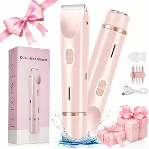 Bikini Trimmer for Women, Electric Shaver and Razor Rechargeable 2-in-1 Body and Facial Epilator, Dual Heads for Painless Trimming of Pubic Hair, Face, Underarms and Legs,Mother Day Gift Summer Gift Shaving Grooming