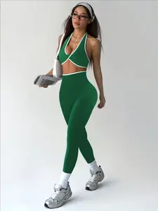 Women's 2-Piece Colorblock Seamless Twist Bra & Tight Pants Set, High Waist Sleeveless Yoga Pilates, Comfortable Casual Wear, Yoga Clothes Set, Stylish Activewear