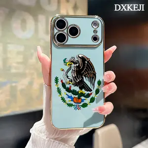 Electroplated Phone Case for iPhone 17 15 Pro Max Air 16 14 Plus 13 12 11 Mexican Golden Eagle Badge Flag Soft TPU Silicone Dirt-proof Easy to Clean Soft Cover Gift