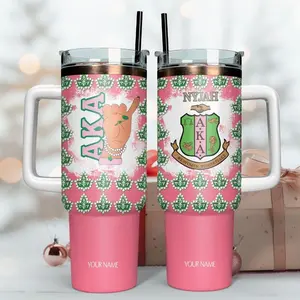 Personalized Alpha Kappa Alpha Tumbler With Handle, Alpha Kappa Alpha AKA Pink And Green Custom Name Mug, Stainless Steel Cup, Sorority Sisterhood Gift, Elegant Drinkware