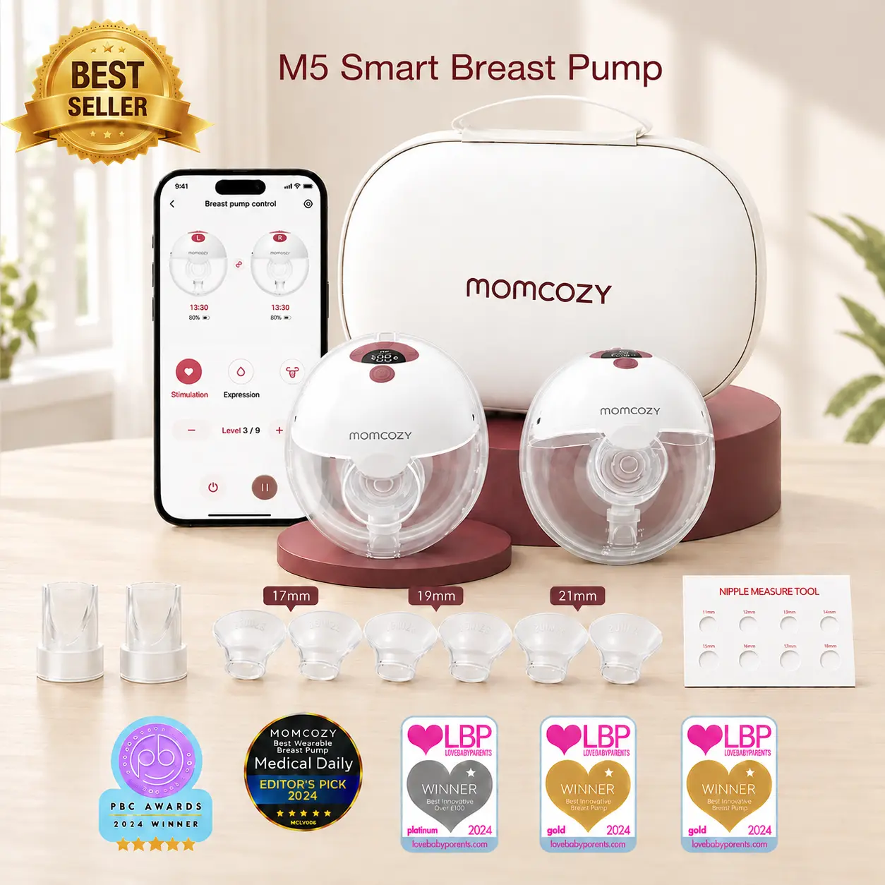 Momcozy M5 Smart APP & Non-APP Version Wearable Breast Pump, Hands-Free Wireless Electric Pump, 3 Modes 9 Suction Levels, BPA-Free, Portable Lightweight, 24mm Flange