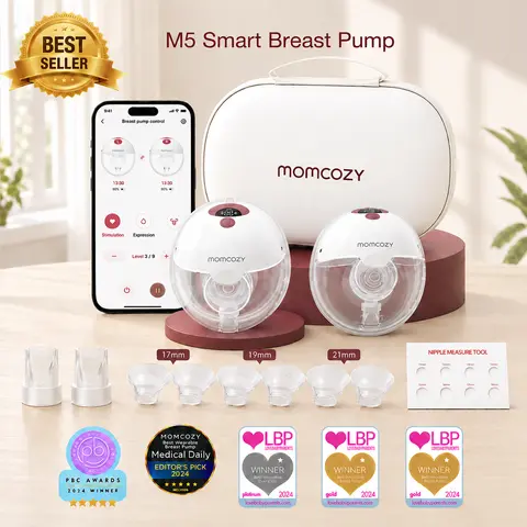 Momcozy M5 Smart APP & Non-APP Version Wearable Breast Pump, Hands-Free Wireless Electric Pump, 3 Modes 9 Suction Levels, BPA-Free, Portable Lightweight, 24mm Flange