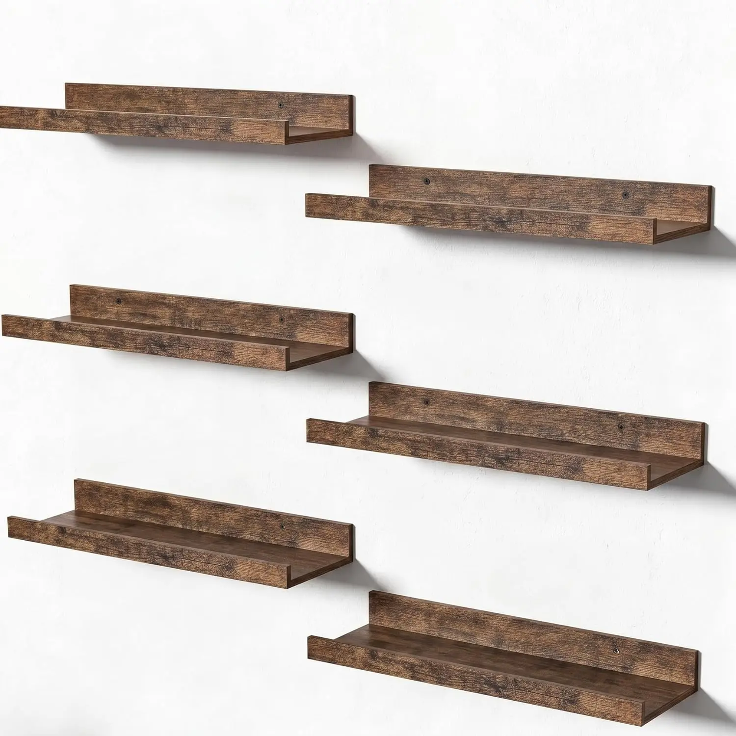 upsimples 6 Pack Wooden Floating Shelves, Wall Storage Decor Shelf for Bathroom, Bedroom, Living Room, Kitchen, Office and Laundry Room, Wall Mounted Display Hanging Shelf.