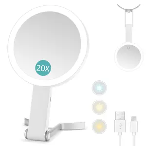 Magnifying Mirror with Light,20X Magnifying Makeup Mirror with Handheld,Travel Mirror with Lights and Magnification,3 Colors Desktop Mirror and Wall Mirror,Vanity Mirror with Lights 6 Inches