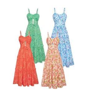 Grace Karin GRACE KARIN Women's Summer Floral Dress Spaghetti Strap Smocked Tiered Casual Boho Maxi Long Sundress with Pockets