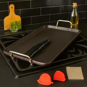 SmartCook Double Burner Griddle Grill Pan 17"/19" Non-Stick with 5-Pc Griddle Set Cookware Silicone Black Bake Nonstick for Family Cooking